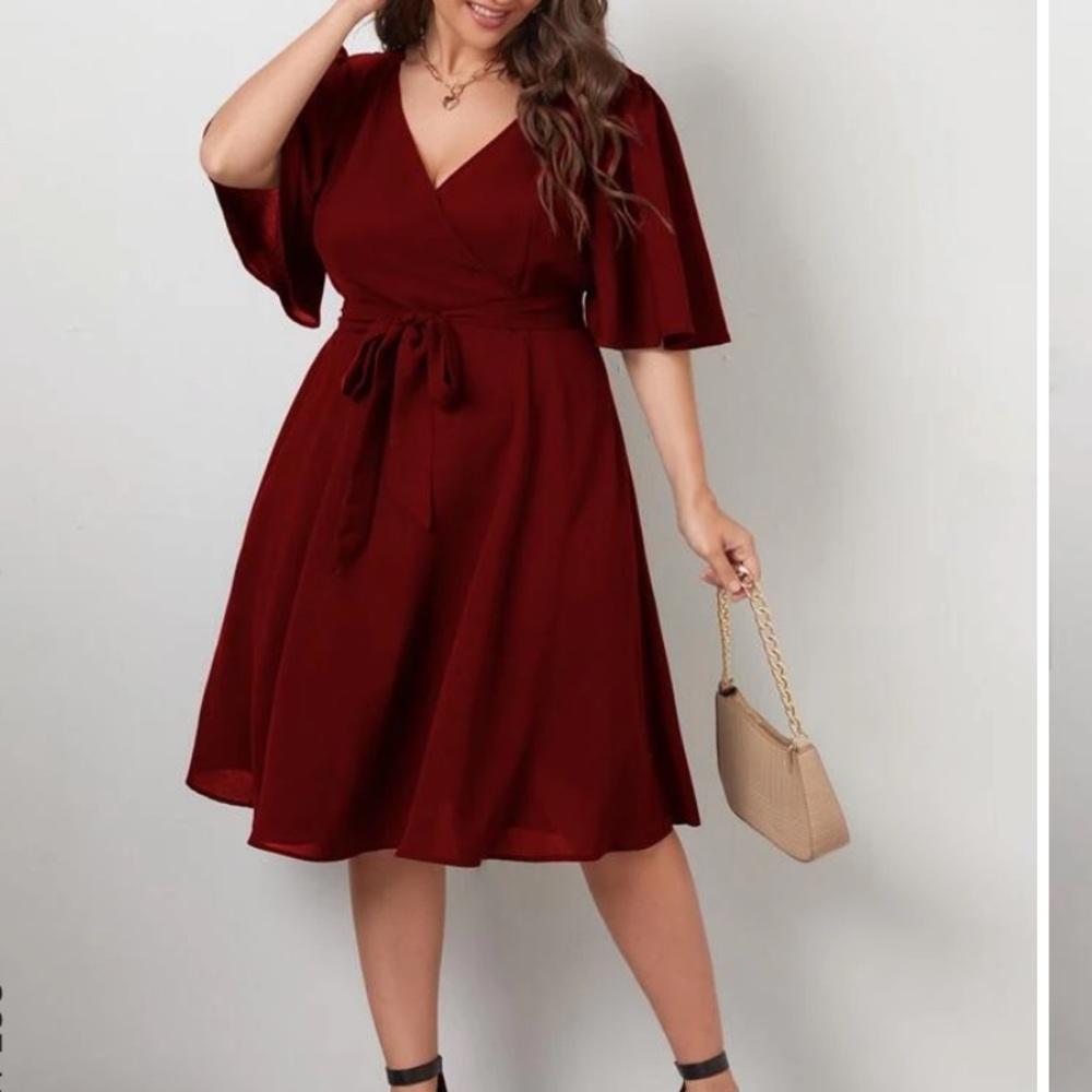 NEVER WORN burgundy dress with belt & butterfly sleeves in original package